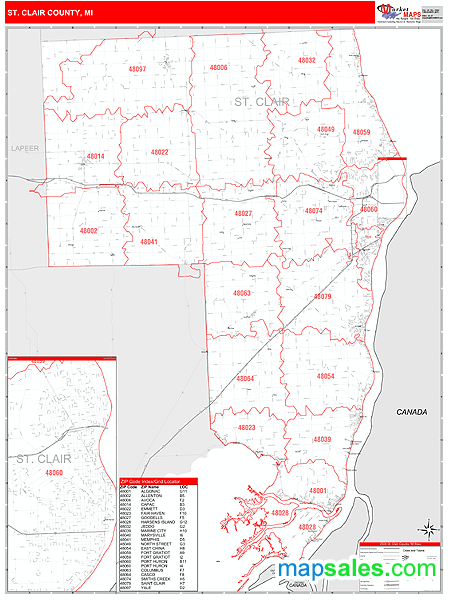 St. Clair County, MI Wall Map Red Line Style